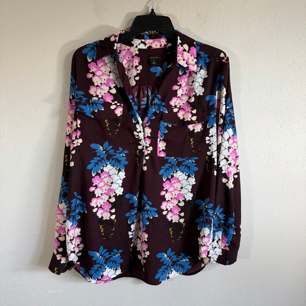 Ann Taylor Burgundy Pink Blue Floral Button Front Long Sleeve Blouse Womens M